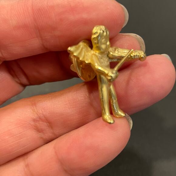 Vintage Gold Tone Angel Cherub pin brooch wing angel violin player collectible - Picture 7 of 7